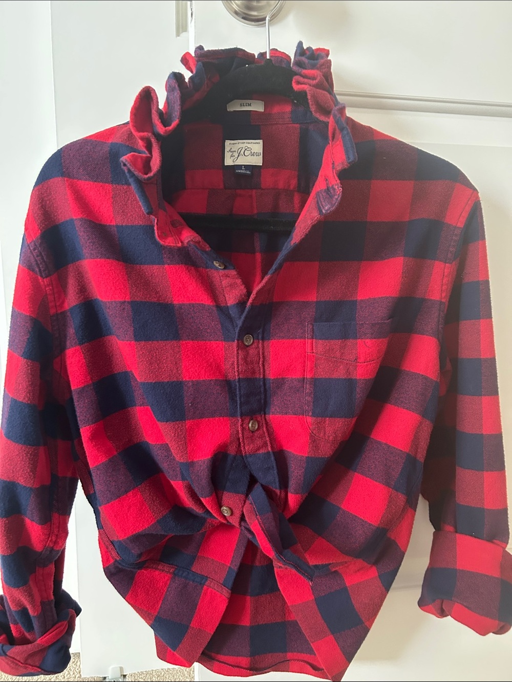 J. Crew Red and Navy flannel shirt recreated for a woman with a ruffled collar